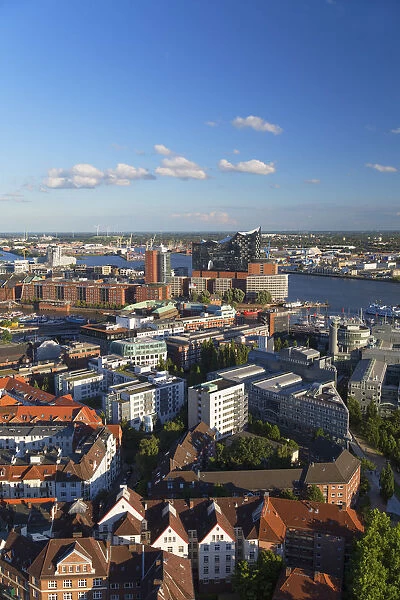 View of Elbphilharmonie, harbour and Elbe River, Hamburg, Germany