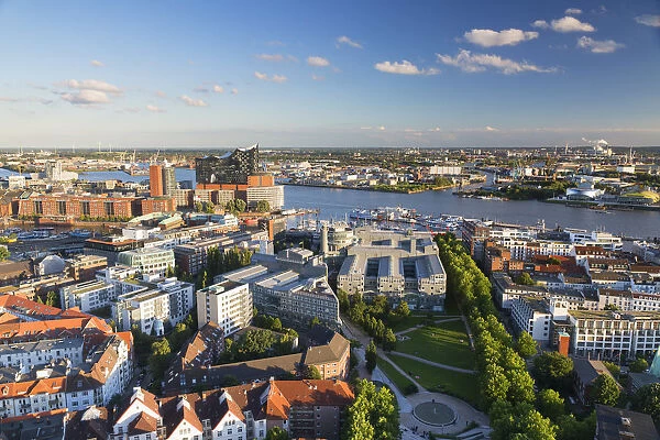 View of Elbphilharmonie, harbour and Elbe River, Hamburg, Germany