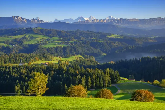 Framed Print : View over the Emmental on the Bernese Alps, Berner Oberland, Switzerland Framed Print : View over the Emmental on the Bernese Alps, Berner Oberland, Switzerland