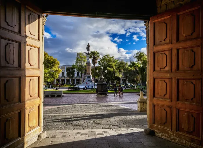 Framed Print : View through the entrance to San Pedro Cathedral towards Maldonado Park, Riobamba Framed Print : View through the entrance to San Pedro Cathedral towards Maldonado Park, Riobamba
