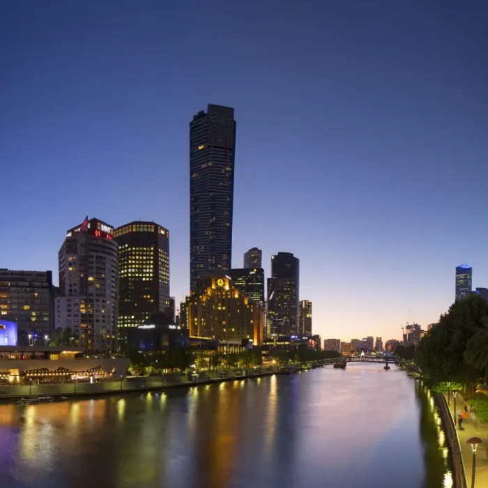 Framed Print : View of Eureka Tower and skyline along Yarra River at dusk, Melbourne, Victoria Framed Print : View of Eureka Tower and skyline along Yarra River at dusk, Melbourne, Victoria