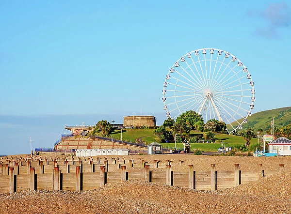 View towards Ferris Wheel and Martello Tower, Eastbourne, East Sussex, England, United Kingdom