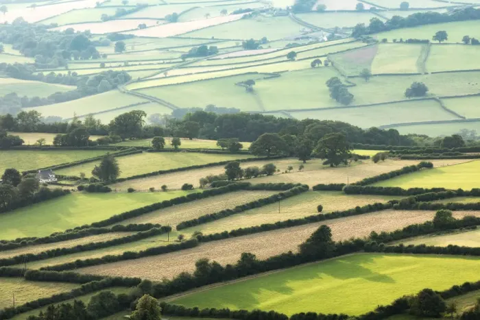 Framed Print : View over fields near Llangorse from Mynydd Troed in The Black Mountains Framed Print : View over fields near Llangorse from Mynydd Troed in The Black Mountains