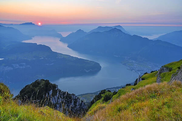 View from Fronalpstock on Lake Lucerne in the evening, Morschach, canton Schwyz