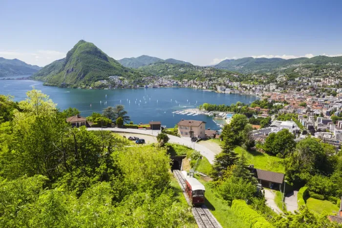 Framed Print : View over Funicular Railway and Lugano from Monte Bre, Lake Lugano, Ticino, Switzerland Framed Print : View over Funicular Railway and Lugano from Monte Bre, Lake Lugano, Ticino, Switzerland