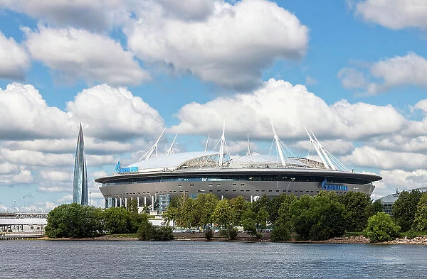 View towards Gazprom Arena (Krestovsky Stadium) and Lakhta Center, Saint Petersburg, Russia