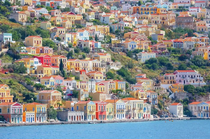 Framed Print : View of Gialos Harbour, Gialos, Symi Island, Dodecanese Islands, Greece