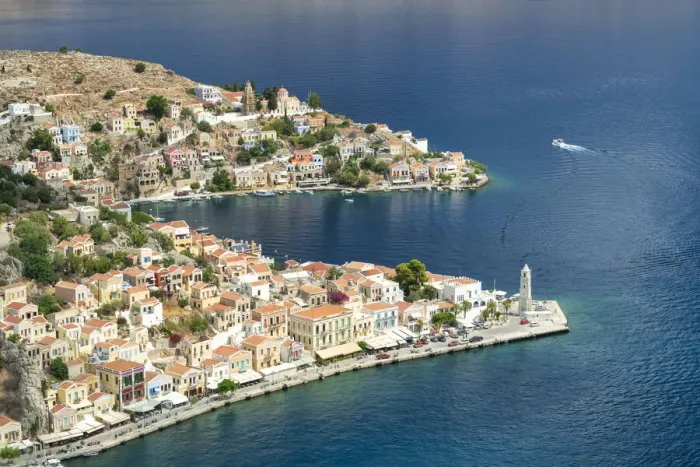 Framed Print : View over Gialos Harbour, Symi Island, Dodecanese Islands, Greece Framed Print : View over Gialos Harbour, Symi Island, Dodecanese Islands, Greece