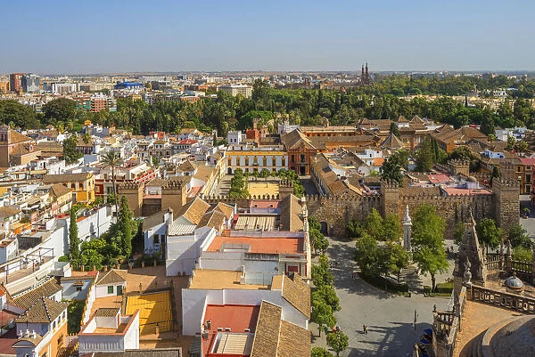 View from the Giralda tower of the Cathedral on the Real Alcazar and Sevilla, UNESCO