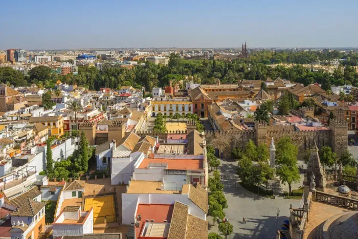 Framed Print : View from the Giralda tower of the Cathedral on the Real Alcazar and Sevilla, UNESCO Framed Print : View from the Giralda tower of the Cathedral on the Real Alcazar and Sevilla, UNESCO