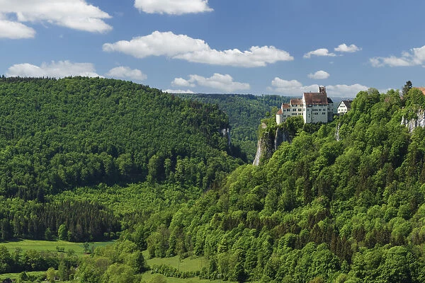 View from Glastragerfels Rock to Werenwag Castle, Danube Valley, Swabian Jura, Baden-Wurttemberg, Germany