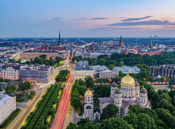 View over the Golden Domes of the Nativity of Christ Orthodox Cathedral towards the Old Town, dusk, Riga, Latvia