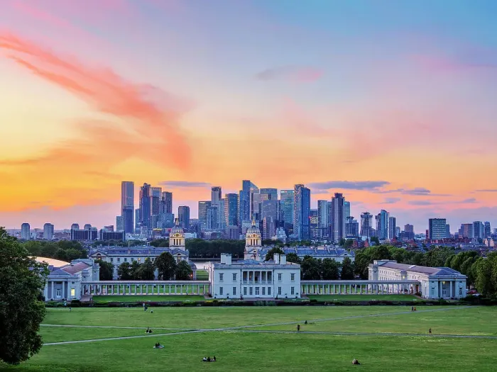 Framed Print : View over Greenwich Park towards Queen's House, Old Royal Naval College and Canary Wharf at dusk, Greenwich, London, England, United Kingdom Framed Print : View over Greenwich Park towards Queen's House, Old Royal Naval College and Canary Wharf at dusk, Greenwich, London, England, United Kingdom