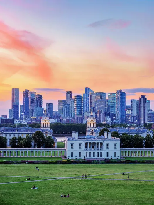 Framed Print : View over Greenwich Park towards Queen's House, Old Royal Naval College and Canary Wharf at dusk, Greenwich, London, England, United Kingdom Framed Print : View over Greenwich Park towards Queen's House, Old Royal Naval College and Canary Wharf at dusk, Greenwich, London, England, United Kingdom