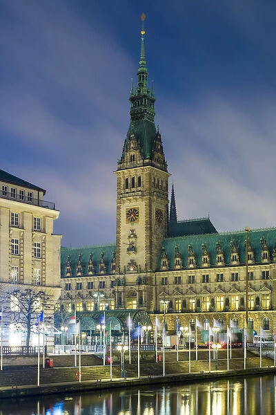 View of Hamburg Rathaus (Town Hall) at night, Hamburg, Germany, Europe