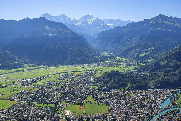 View from Harder Kulm at Interlaken and Eiger, Monch and Jungfrau, Berner Oberland, Canton Berne, Switzerland