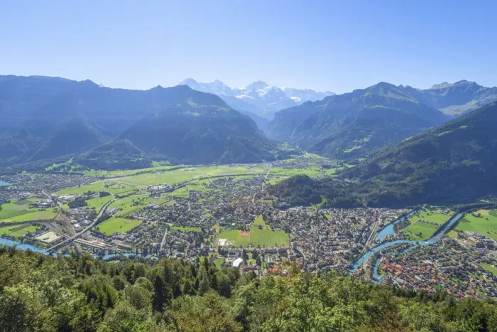 Framed Print : View from Harder Kulm at Interlaken and Eiger, Monch and Jungfrau, Berner Oberland, Canton Berne, Switzerland