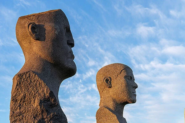Detail view of the heads of the sculptures of Dodekalitten, Lolland island, Denmark, Europe