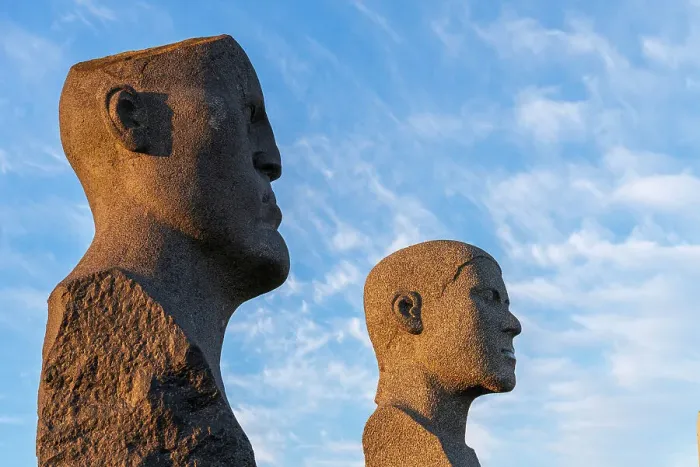 Framed Print : Detail view of the heads of the sculptures of Dodekalitten, Lolland island, Denmark, Europe Framed Print : Detail view of the heads of the sculptures of Dodekalitten, Lolland island, Denmark, Europe