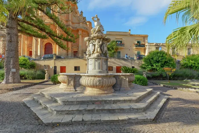 Framed Print : View of Hercules fountain and San Domenico church in the background, Noto Valley, Sicily, Italy Framed Print : View of Hercules fountain and San Domenico church in the background, Noto Valley, Sicily, Italy