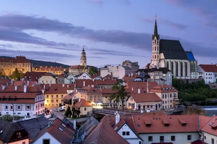 Framed Print : View of historic center of Cesky Krumlov dominated by St. Vitus Church at dusk, Cesky Krumlov, South Bohemian Region, Czech Republic Framed Print : View of historic center of Cesky Krumlov dominated by St. Vitus Church at dusk, Cesky Krumlov, South Bohemian Region, Czech Republic