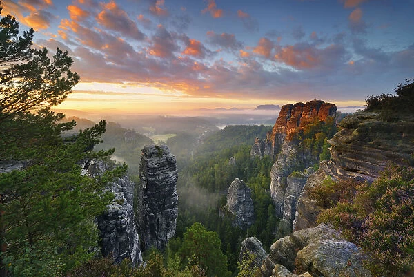 View of the Hoellenhund and gans rocks in the Elbe Sandstone Mountains