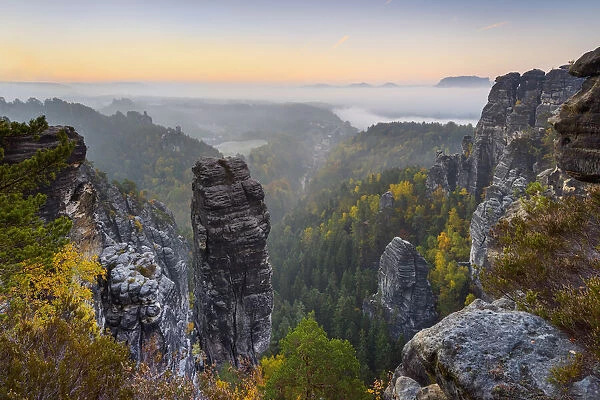 View of the Hoellenhund rocks in the Elbe Sandstone Mountains