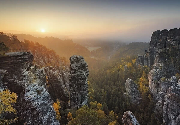 View of the Hoellenhund, sandstone rocks in the Elbe Sandstone Mountains