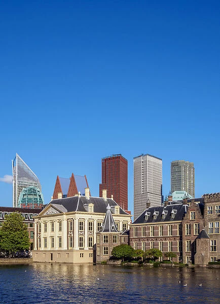 View over Hofvijver towards Mauritshuis Art Museum and City Center, The Hague, South