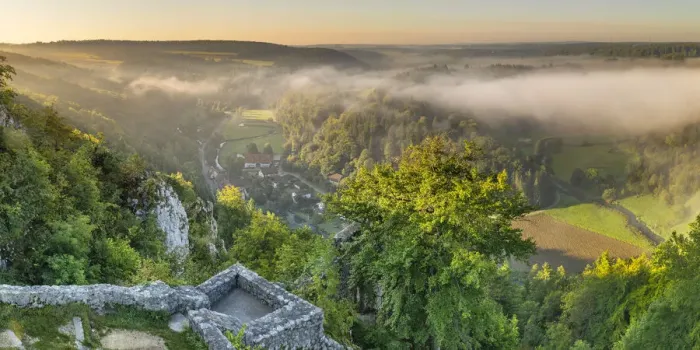 Framed Print : View from Hohengundelfingen Castle near Gundelfingen into Lautertal Valley, Swabian Jura, Baden-Wurttemberg, Germany