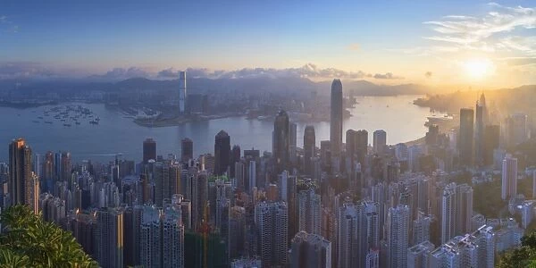 View of Hong Kong Island skyline at dawn, Hong Kong, China