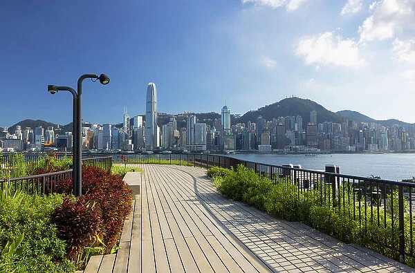 View of Hong Kong Island skyline from M+ Museum rooftop, West Kowloon Cultural District, Kowloon, Hong Kong