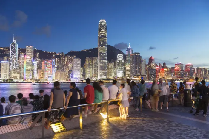 Framed Print : View of Hong Kong Island skyline from Tsim Sha Tsui promenade at dusk, Hong Kong, China Framed Print : View of Hong Kong Island skyline from Tsim Sha Tsui promenade at dusk, Hong Kong, China