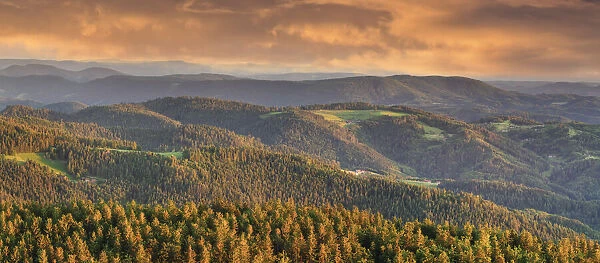 View from Hornisgrinde mountain over the Achertal valley at sunset, Black Forest National Park, Baden-Wurttemberg, Germany