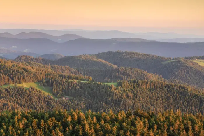 Framed Print : View from Hornisgrinde mountain over the Achertal valley at sunset, Black Forest National Park, Baden-Wurttemberg, Germany