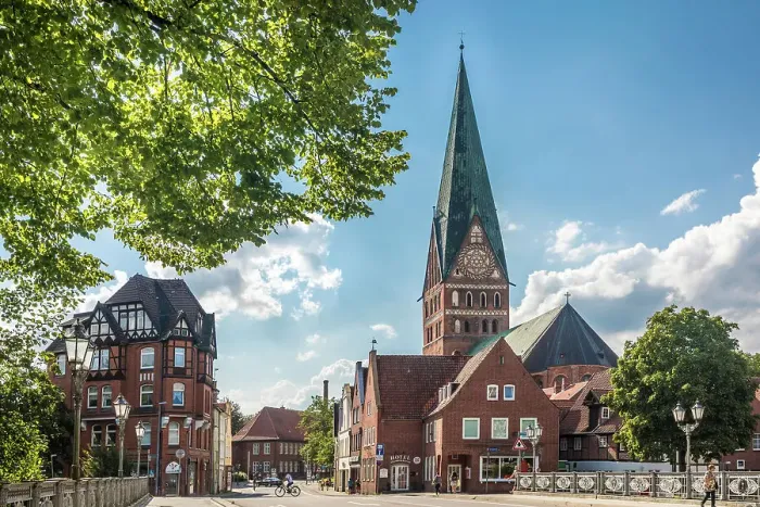 Framed Print : View from the Ilmenau Bridge to the Church of St. Johannis, Luneburg, Lower Saxony, Germany Framed Print : View from the Ilmenau Bridge to the Church of St. Johannis, Luneburg, Lower Saxony, Germany