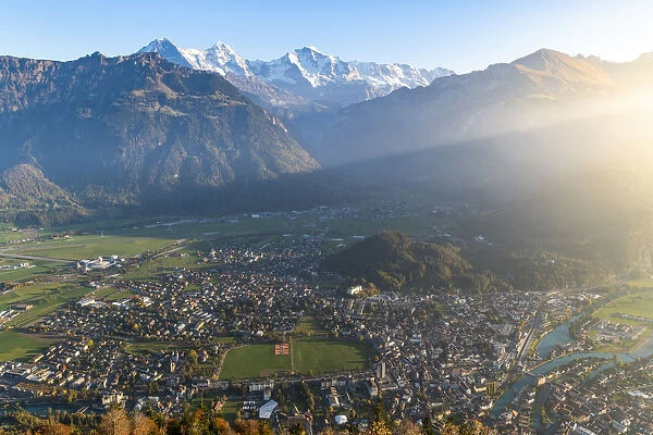 View of Interlaken from Harder Kulm. Harder Kulm, Canton of Bern, Switzerland, Europe