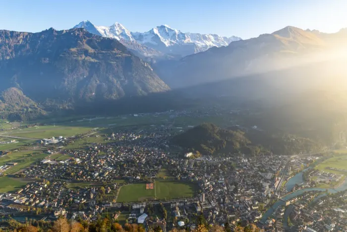 Framed Print : View of Interlaken from Harder Kulm. Harder Kulm, Canton of Bern, Switzerland, Europe Framed Print : View of Interlaken from Harder Kulm. Harder Kulm, Canton of Bern, Switzerland, Europe
