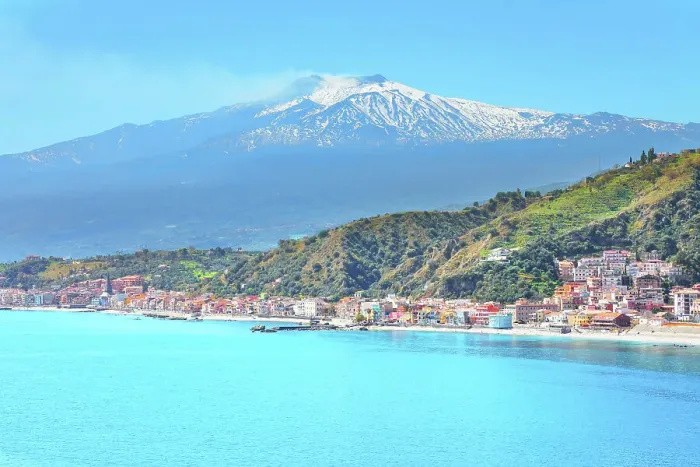 Framed Print : View of the Ionian coast and mount Etna in the distance, Taormina, Sicily, Italy Framed Print : View of the Ionian coast and mount Etna in the distance, Taormina, Sicily, Italy