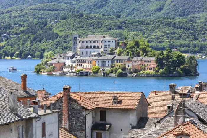 Framed Print : View of Island of San Giulio in the Lake Orta from Orta San Giulio village (Orta San Framed Print : View of Island of San Giulio in the Lake Orta from Orta San Giulio village (Orta San