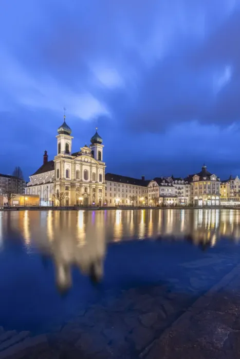 Framed Print : View of the Jesuit Church and the old town of Lucerne at blue hour reflected on the Reuss Framed Print : View of the Jesuit Church and the old town of Lucerne at blue hour reflected on the Reuss