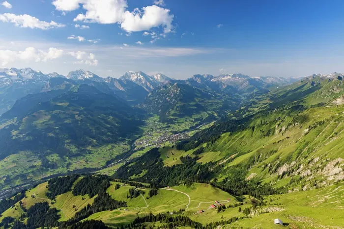Framed Print : View of Kander Valley and mountains from Niesen mountain, Canton of Bern, Switzerland