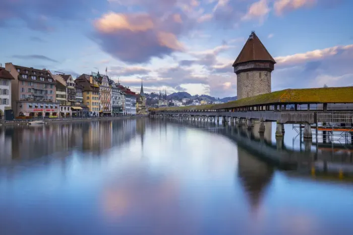 Framed Print : View of the Kapellbrucke bridge and the Wasserturm at sunset reflected on the Reuss river. Lucerne, canton of Lucerne, Switzerland Framed Print : View of the Kapellbrucke bridge and the Wasserturm at sunset reflected on the Reuss river. Lucerne, canton of Lucerne, Switzerland