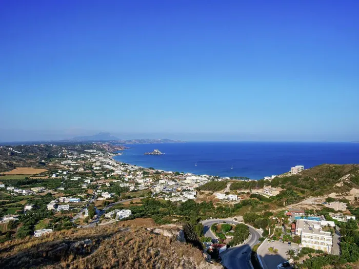 Framed Print : View towards the Kastri Island, Kamari Bay, Kos Island, Dodecanese, Greece