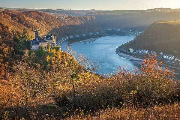 View of Katz Castle and the Middle Rhine Valley near St. Goarshausen, Middle Rhine Valley, Rhineland-Palatinate, Germany