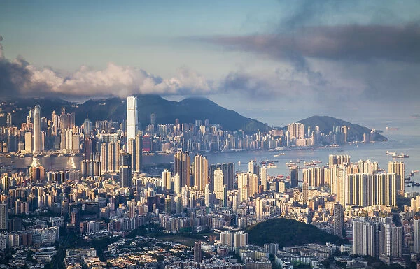 View of Kowloon and Hong Kong Island at dawn, Hong Kong, China