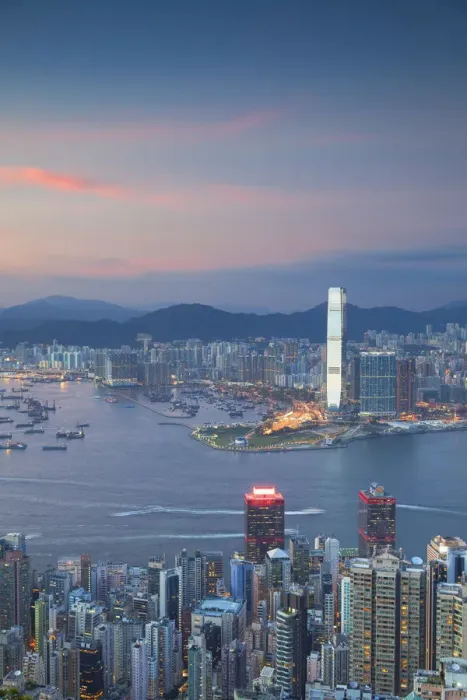 Framed Print : View of Kowloon, Hong Kong Island and International Commerce Centre (ICC) at sunset