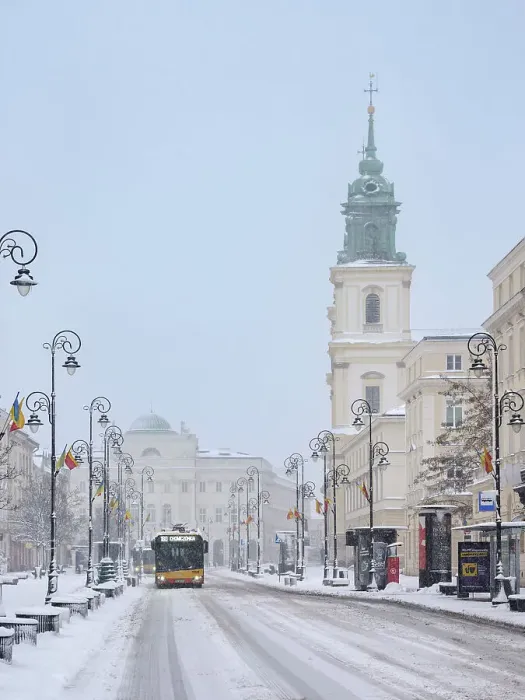 Framed Print : View over Krakowskie Przedmiescie towards Holy Cross Church, winter, Warsaw, Masovian Voivodeship, Poland