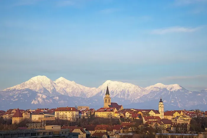 Framed Print : View over Kranj and the Kamnik Savinja Alps, Slovenia Framed Print : View over Kranj and the Kamnik Savinja Alps, Slovenia