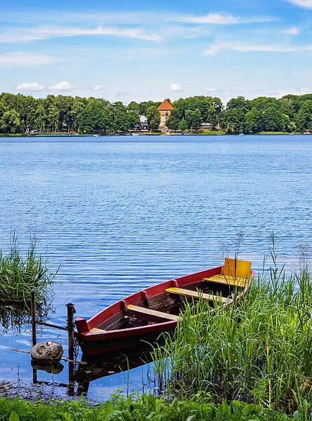 View over Lake Galve towards Dominican Monastery and Trakai Peninsula Castle, Trakai, Lithuania